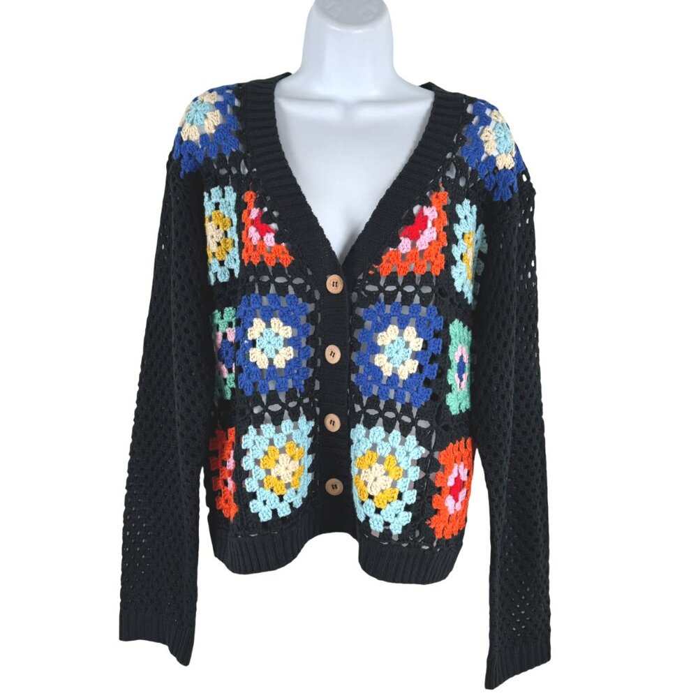 Rain‎ + Rose Granny Square Crochet Cardigan Sweater Medium Boho CJ-2293